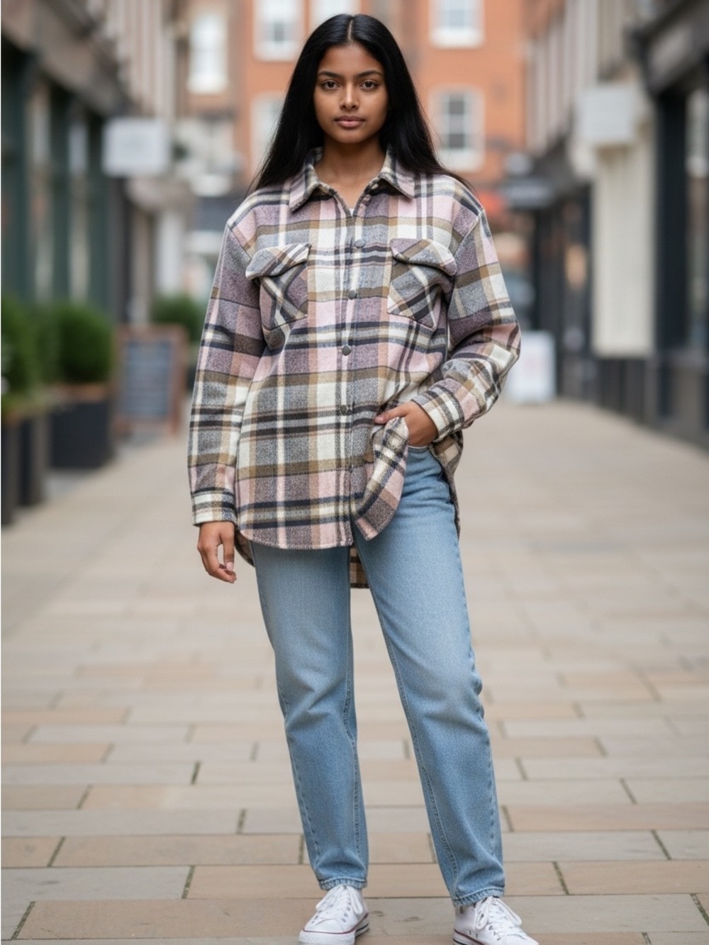 Pastel Plaid Button-Down Shacket in Pink, Cream & Gray